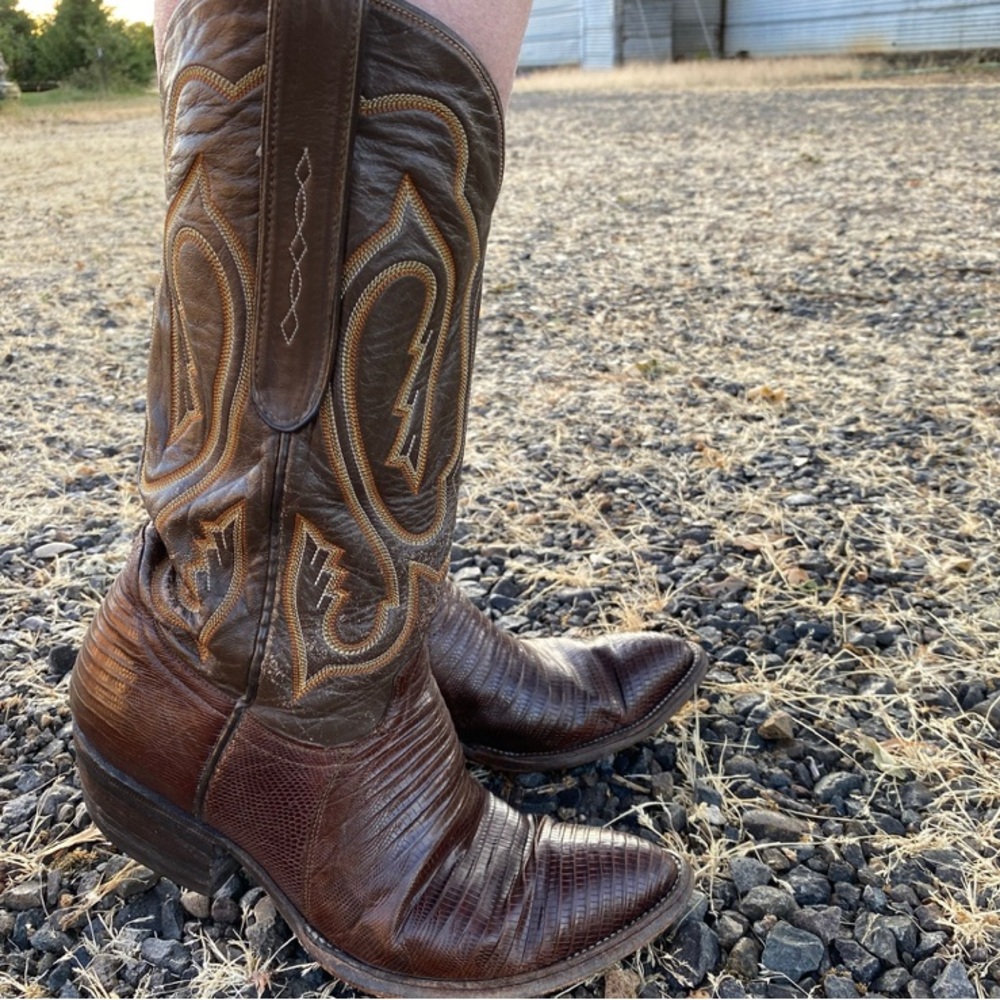 Handmade Chocolate Brown Teju Lizard Western Cowboy Cowgirl Boots - 7.5